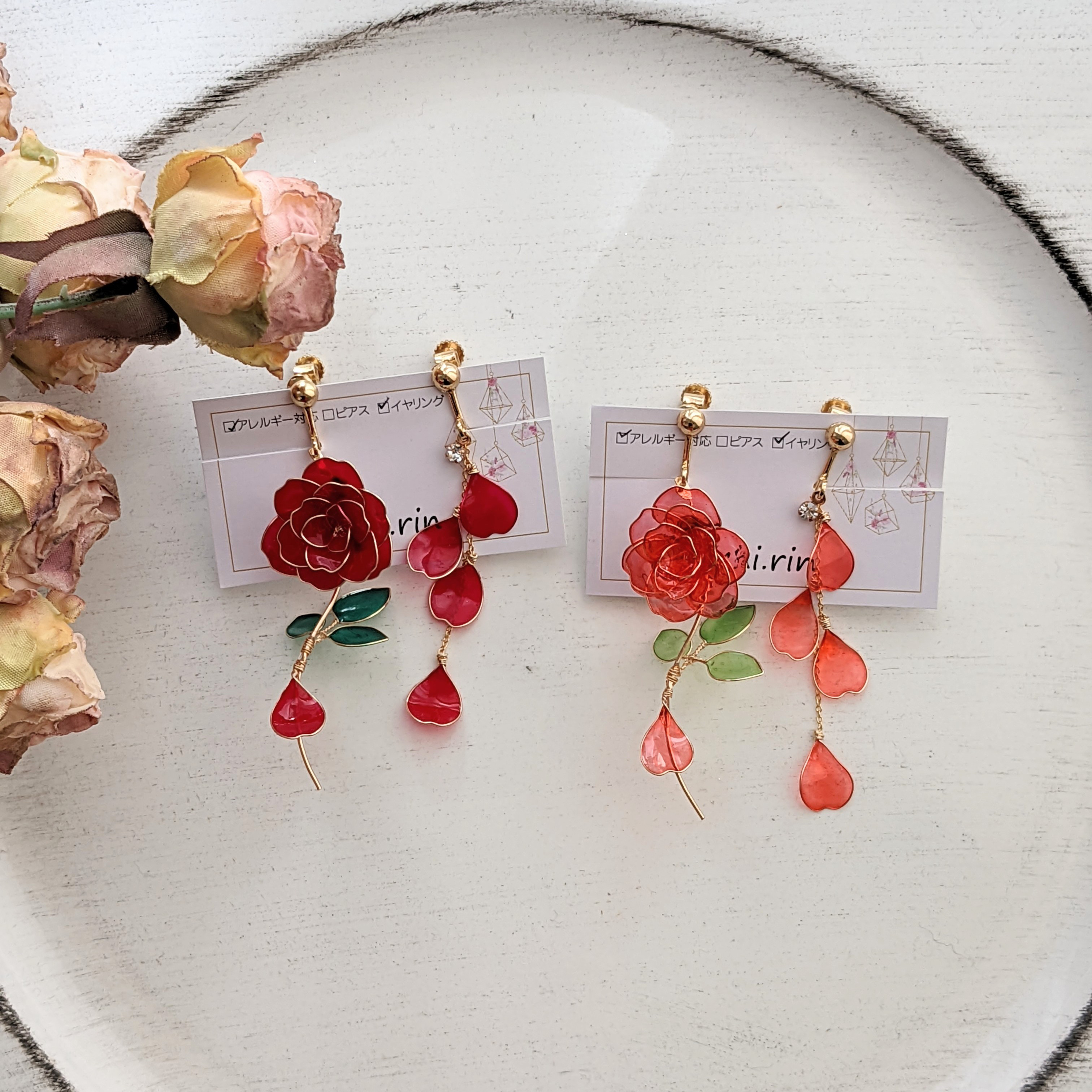 香水瓶　薔薇転写ピアス　イヤリング 香水瓶　薔薇転写ピアス　イヤリング