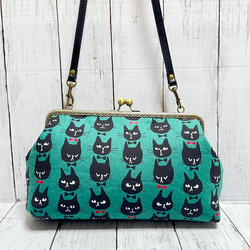 ねこ柄 がま口バッグ ショルダー紐付き ハンドメイド ショルダー