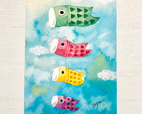 透明水彩画3枚セット「鯉のぼり」イラストポストカード