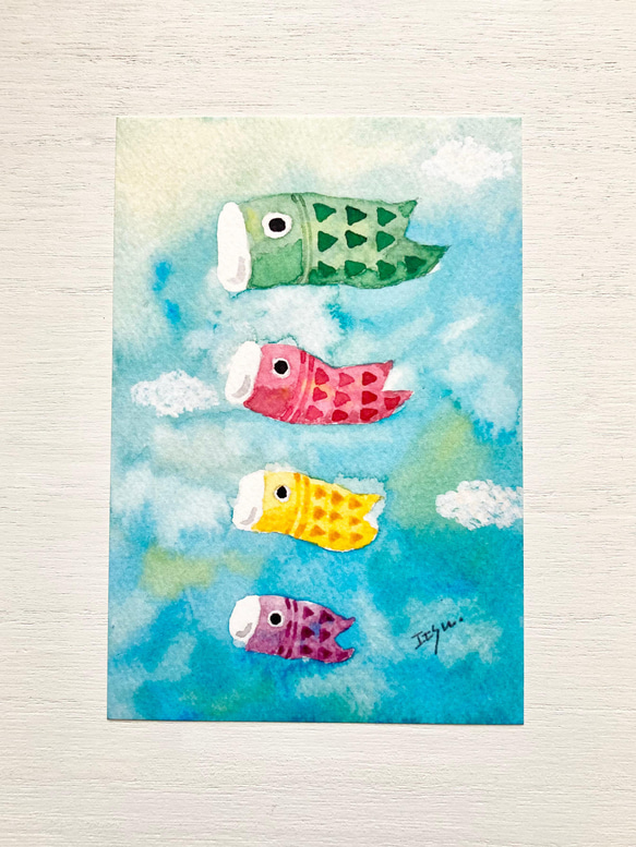 透明水彩画3枚セット「鯉のぼり」イラストポストカード　こいのぼり　五月人形　端午の節句　こどもの日　縁起物 1枚目の画像