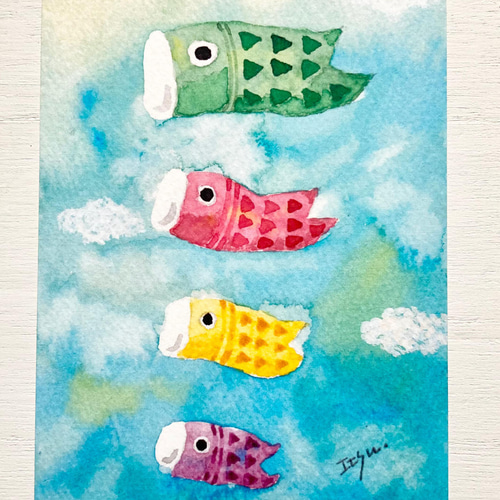 透明水彩画3枚セット「鯉のぼり」イラストポストカード こいのぼり 五 ...