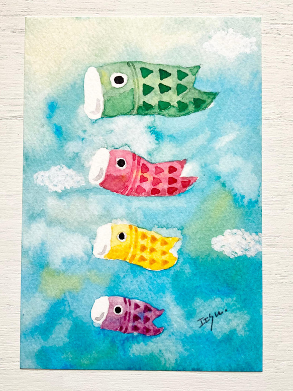 透明水彩画3枚セット「鯉のぼり」イラストポストカード　こいのぼり　五月人形　端午の節句　こどもの日　縁起物 2枚目の画像