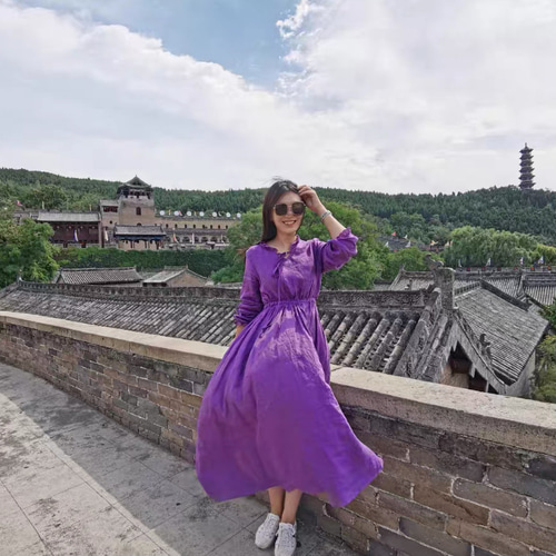 リネン/麻100%】フリルVネックロングワンピース ウエストゴム ポケット