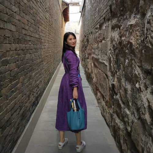 リネン/麻100%】フリルVネックロングワンピース ウエストゴム ポケット