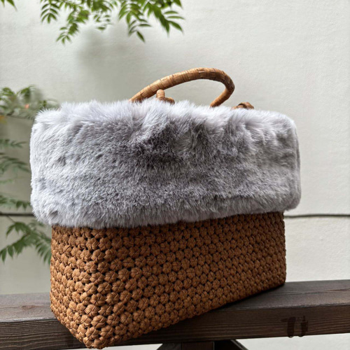 山葡萄かごバッグ　山葡萄籠バッグ　細ひご　小粒花編み　ファー付き　内布あり 秋冬】山葡萄かごバッグ 手作り 山葡萄籠バッグ 細ひご 小粒花編み