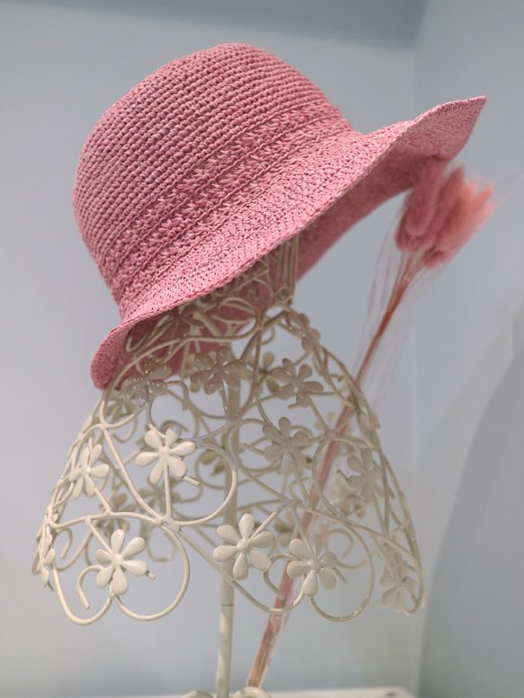 hat for woman手工鉤針編織粉紅色草帽遮陽帽拉菲亞草帽婦人帽生日禮物贈禮訂製 第9張的照片