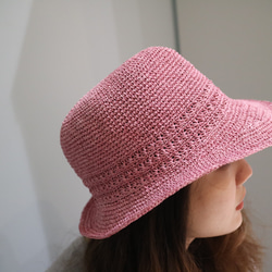 hat for woman手工鉤針編織粉紅色草帽遮陽帽拉菲亞草帽婦人帽生日禮物贈禮訂製 第5張的照片