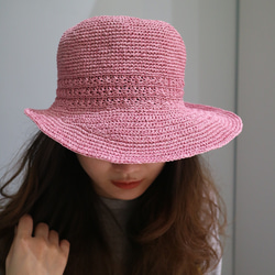 hat for woman手工鉤針編織粉紅色草帽遮陽帽拉菲亞草帽婦人帽生日禮物贈禮訂製 第7張的照片