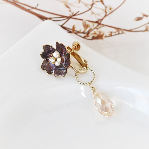 2way チョコレートみたいな桜ビジューピアス ドロップビーズ