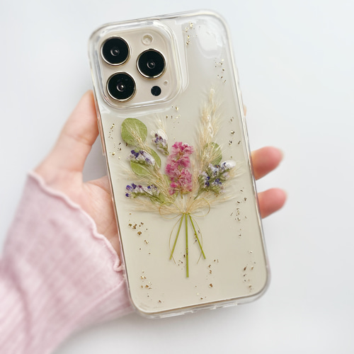 ナチュラルブーケ】 押し花スマホケース 全機種対応 ソフト