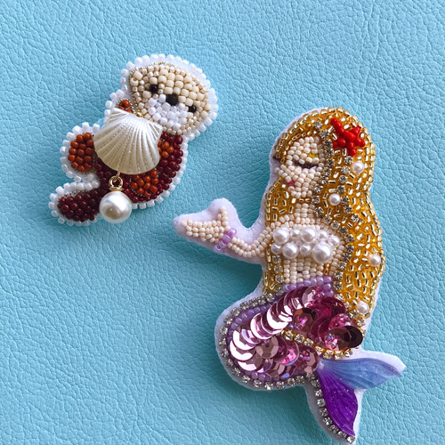 ビーズ刺繍ブローチ ✳︎マーメイド✳︎/人魚/海/夏 ブローチ 