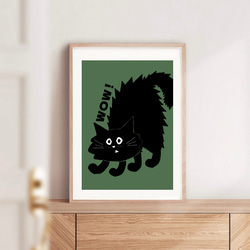北欧 風 モダン アート ポスター【  Kuroneko wow  】グリーン :/084/ 黒猫 ねこ 緑 モノトーン 1枚目の画像