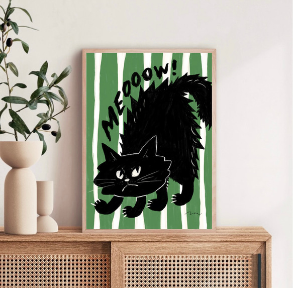 北欧 風 モダン アート ポスター【 Kuroneko meow 】グリーン :/084/黒