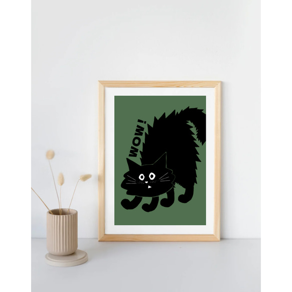 北欧 風 モダン アート ポスター【  Kuroneko wow  】グリーン :/084/ 黒猫 ねこ 緑 モノトーン 6枚目の画像