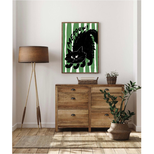 北欧 風 モダン アート ポスター【 Kuroneko meow 】グリーン :/084/黒
