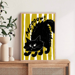 北欧 風 モダン アート ポスター【 Kuroneko meow 】グリーン :/084/黒