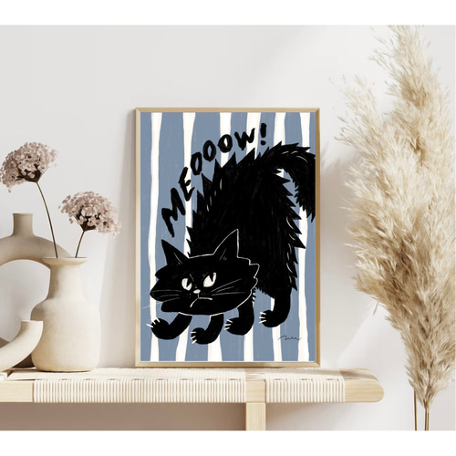 北欧 風 モダン アート ポスター【 Kuroneko meow 】ブルー :/086/ 黒