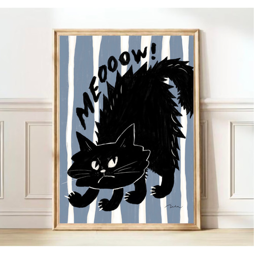 北欧 風 モダン アート ポスター【 Kuroneko meow 】ブルー :/086/ 黒