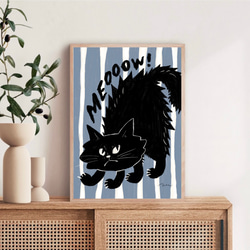 北欧 風 モダン アート ポスター【 Kuroneko meow 】ブルー :/086/ 黒
