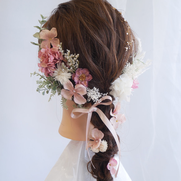 M4  ピンク　ドライフラワーとアートフラワーの髪飾り　成人式　卒業式　浴衣　結婚式　小花　編みおろしアレンジ 3枚目の画像