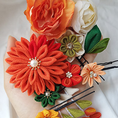 再販 成人式 髪飾り 卒業式 袴 グリーン オレンジ 緑 つまみ細工 髪飾