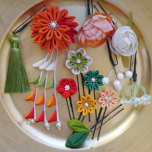 再販 成人式 髪飾り 卒業式 袴 グリーン オレンジ 緑 つまみ細工 髪飾