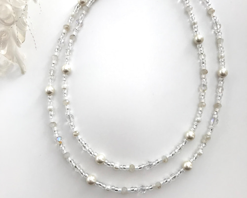 一連 パール ロングネックレス ホワイト 白 ビーズ 重ね付け