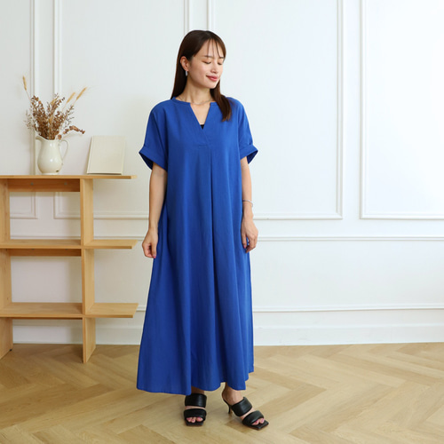 着丈調整可能】コットン キーネック ワンピース ブルー 0583BL