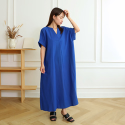 szblockprints kity dress ワンピース ブルー コットン 着丈調整可能】コットン キーネック ワンピース ブルー 0583BL