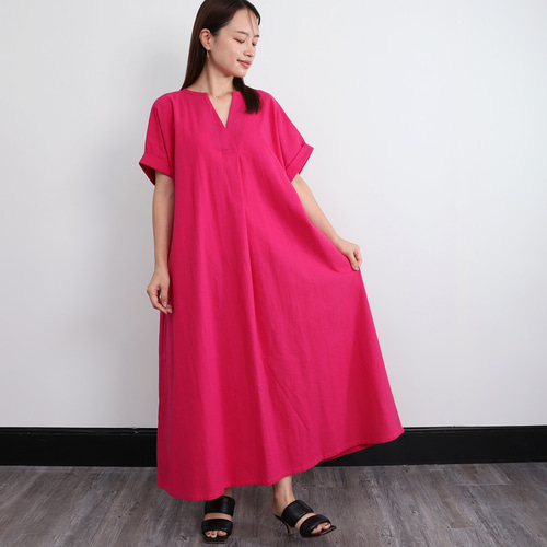 ✥限定SALE　TICCA キーネックワンピース　リネン　ピンク 3万1900円 ティッカ TICCA キーネック ワンピース ピンク リネン