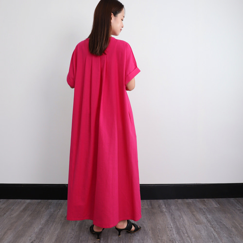 ✥限定SALE　TICCA キーネックワンピース　リネン　ピンク 着丈調整可能】コットン キーネック ワンピース ピンク 0583PK