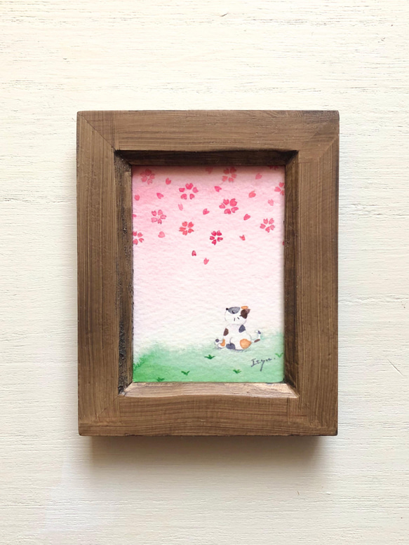 透明水彩画「猫ちゃんのお花見」イラスト　ミニ額　桜　さくら　ネコ　ねこ　春　プチギフト  入園入学 3枚目の画像