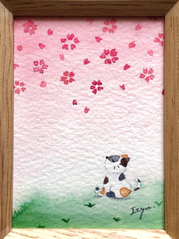 透明水彩画「猫ちゃんのお花見」イラスト　ミニ額　桜　さくら　ネコ　ねこ　春　プチギフト  入園入学 4枚目の画像