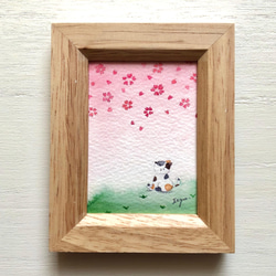 動物 原画 絵 手描き 癒し 猫 さくら 一点物 額縁付き 『桜ひらり』 透明水彩画「猫ちゃんのお花見」イラスト ミニ額 桜 さくら ネコ ねこ