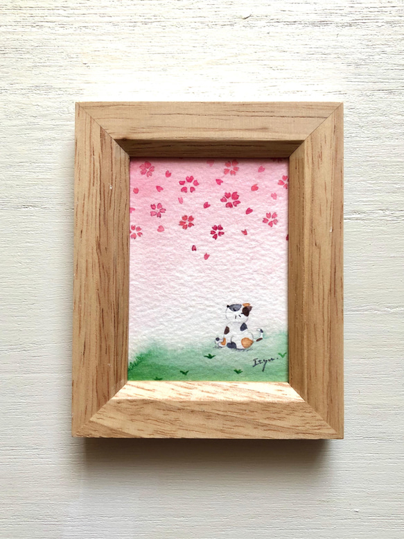 透明水彩画「猫ちゃんのお花見」イラスト ミニ額 桜 さくら ネコ