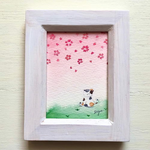 透明水彩画「猫ちゃんのお花見」イラスト ミニ額 桜 さくら ネコ ねこ