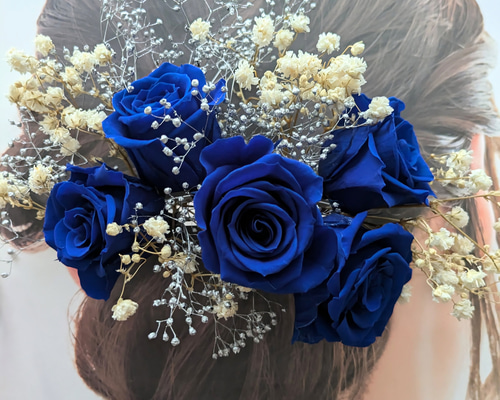 青い薔薇ヘッドドレス／髪飾りプリザーブドフラワー／ウェディング・前
