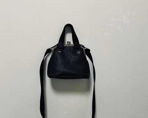 姫路レザー2wayがま口ポシェット◇黒 スマホショルダー サコッシュ 革