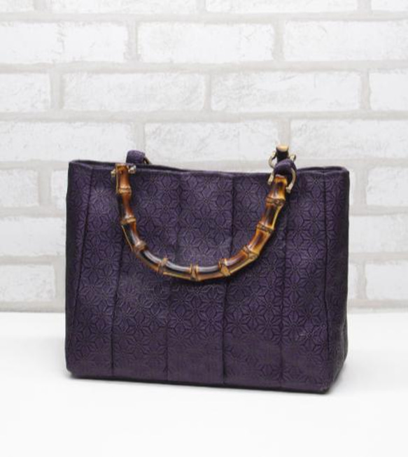 畳縁バッグ　濃紫色のバンブーハンドルバッグ 3枚目の画像