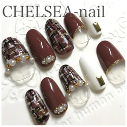 オーダーネイルチップ ツイードニュアンスブラウンワンホンハート推し