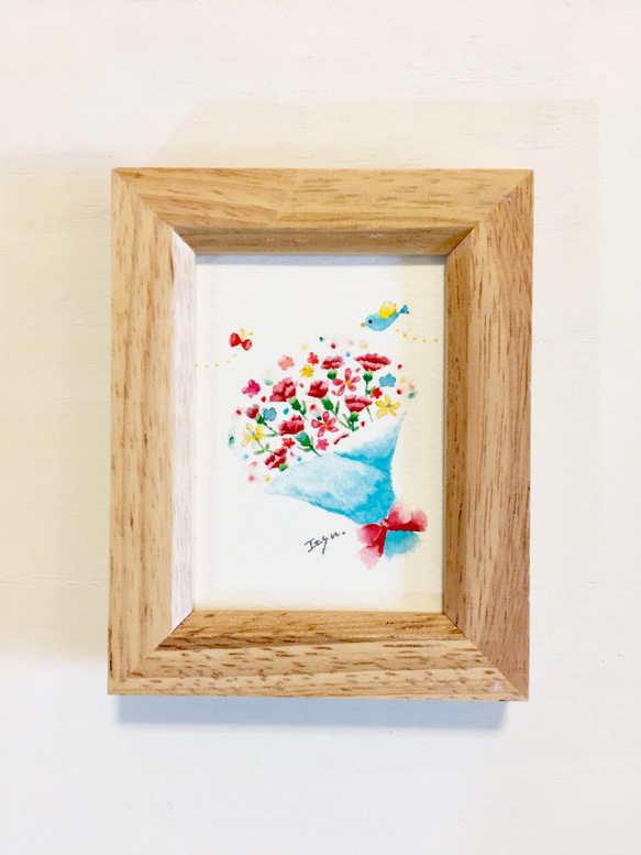 透明水彩画「カーネーションの花束」イラスト　ミニ額　母の日　母の日ギフト　母の日プレゼント　プチギフト  花　鳥 1枚目の画像