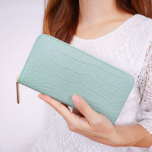 ラウンドファスナー・長財布☆彡ミントグリーン・クロコダイル型押し