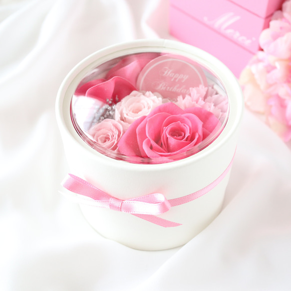 選べるメッセージ｜ローズピンクの華やかなプチフラワーボックス｜誕生日・母の日・ホワイトデー　pre.035 2枚目の画像