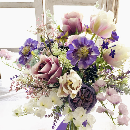 チューリップ　ブーケ　アーティフィシャルフラワー　造花　リボン　パール　結婚式 チューリップ ブーケ アーティフィシャルフラワー 造花 リボン