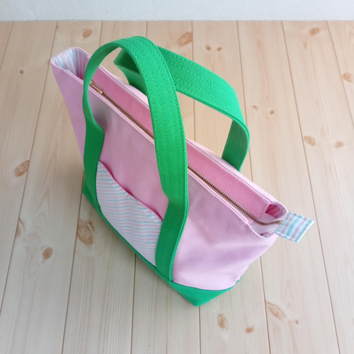 ファスナー付き☆ハートポケットのトートバッグ ピンク×グリーン
