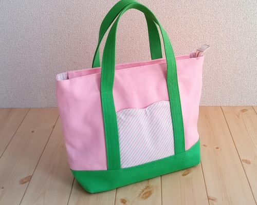 ファスナー付き☆ハートポケットのトートバッグ ピンク×グリーン
