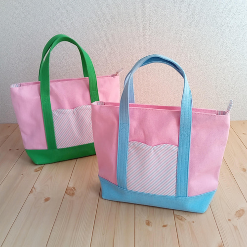 ファスナー付き☆ハートポケットのトートバッグ 春夏 ピンク ファスナー付き☆ハートポケットのトートバッグ 春夏 ピンク
