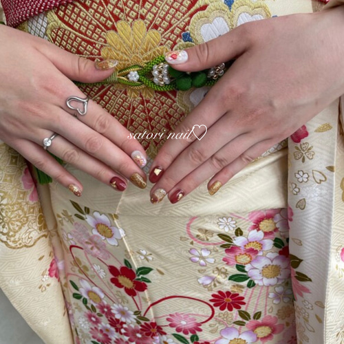 ブラウン和柄ネイルチップ 成人式 卒業式 結婚式 ブライダル ネイル