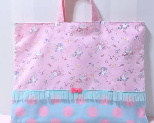 ハンドメイド ○レッスンバッグ○絵本バッグ○ユニコーン×水色