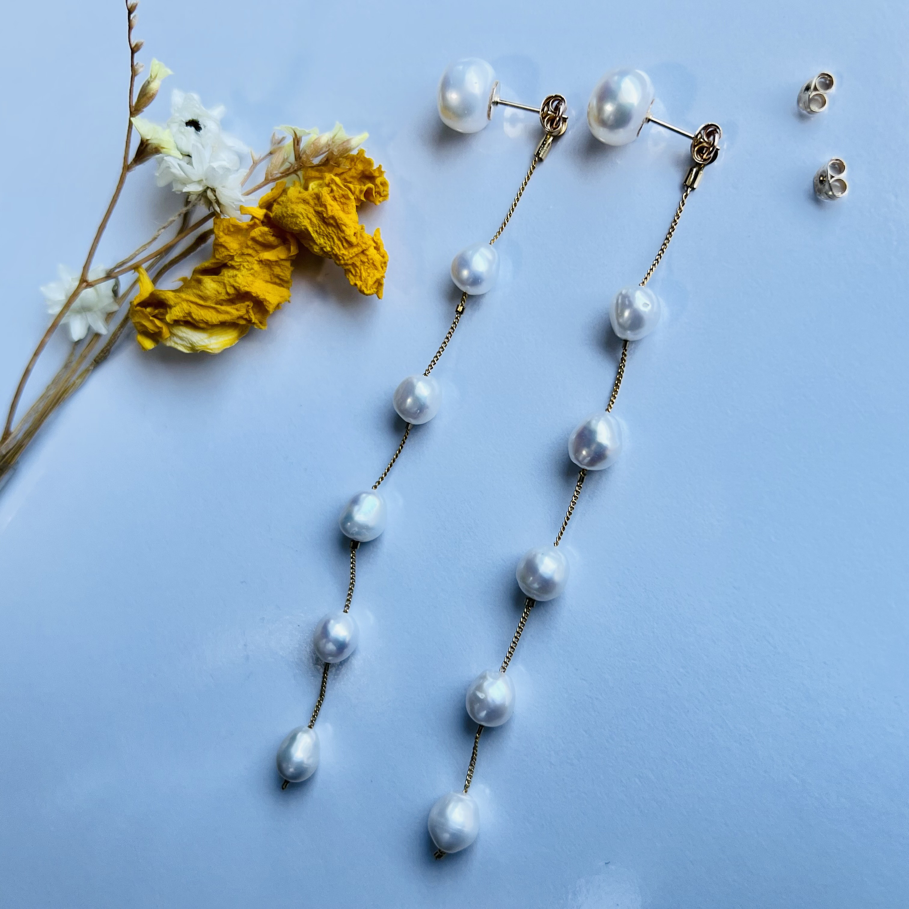 淡水パール　6連　ロングピアス or  1粒　ピアス  2way  14kgf